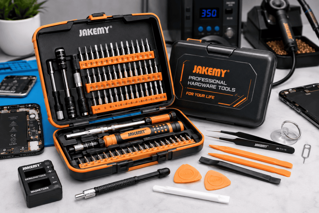 Professional Jakemy tools for mobile repairing including precision screwdriver set, magnetic bits, opening tools, tweezers, repair toolkit, and smartphone repair accessories.