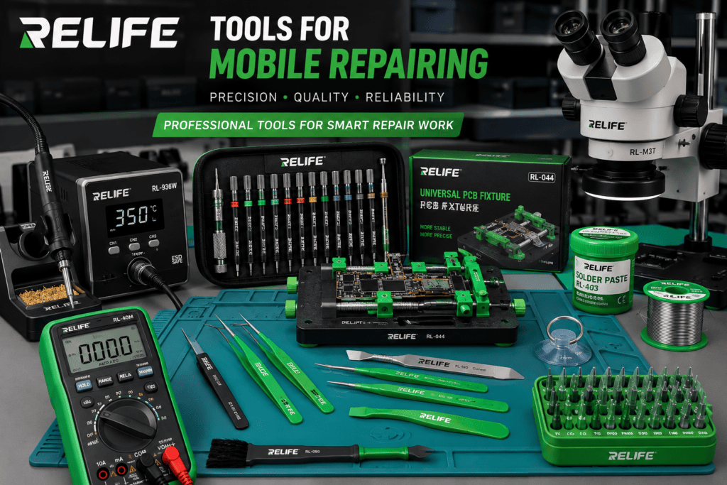 Professional Relife tools for mobile repairing including PCB repair fixture, precision screwdriver set, tweezers, soldering accessories, microscope, multimeter, and smartphone repair equipment.