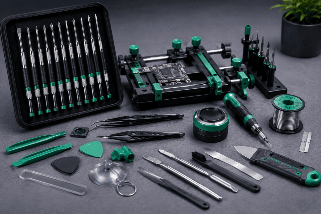 Professional 2 UUL tools for mobile repairing including precision screwdrivers, PCB repair fixture, precision tweezers, soldering accessories, pry tools, and smartphone repair equipment.
